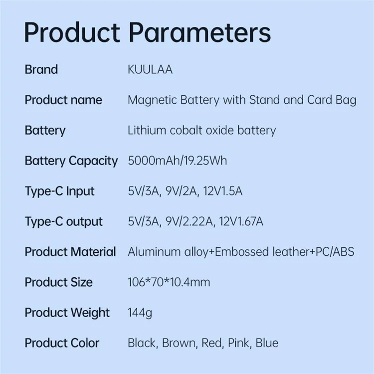 KUULAA KL-YD59 5000mAh Magnetisches Powerbank Ladegerät für Mobiltelefone mit Ständer+Kartensteckplatz - Schwarz