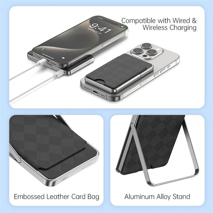 KUULAA KL-YD59 5000mAh Magnetisches Powerbank Ladegerät für Mobiltelefone mit Ständer+Kartensteckplatz - Schwarz