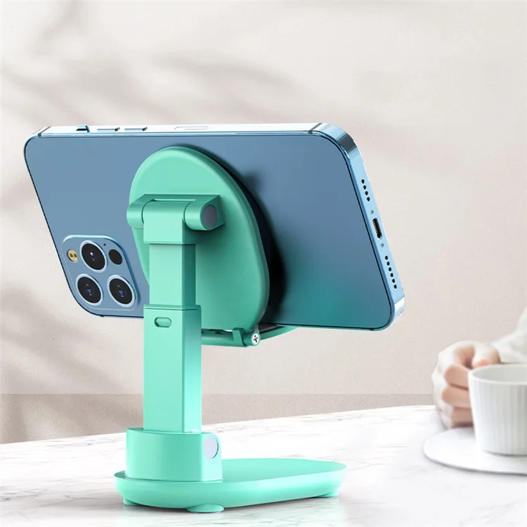 Foldable Mobile Phone Holder Adjustable Height Desktop Phone Bracket Stand with Makeup Mirror - Lake Blue