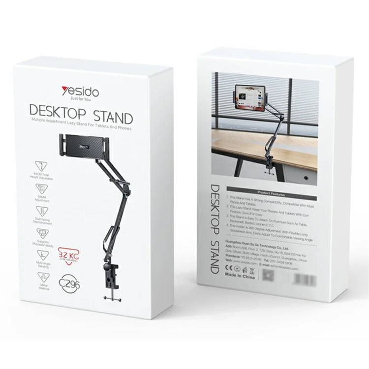 YESIDO C296 Adjustable Aluminum Alloy Arm Lazy Phone Tablet Holder Stand Bedside Desk Clip-On Bracket