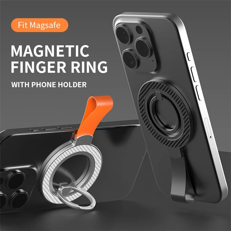 Magnetischer Handyring-Halter kompatibel mit MagSafe-Handyhalterung mit Fingergriff-Schlaufe und Ständer - Schwarz+Schwarz
