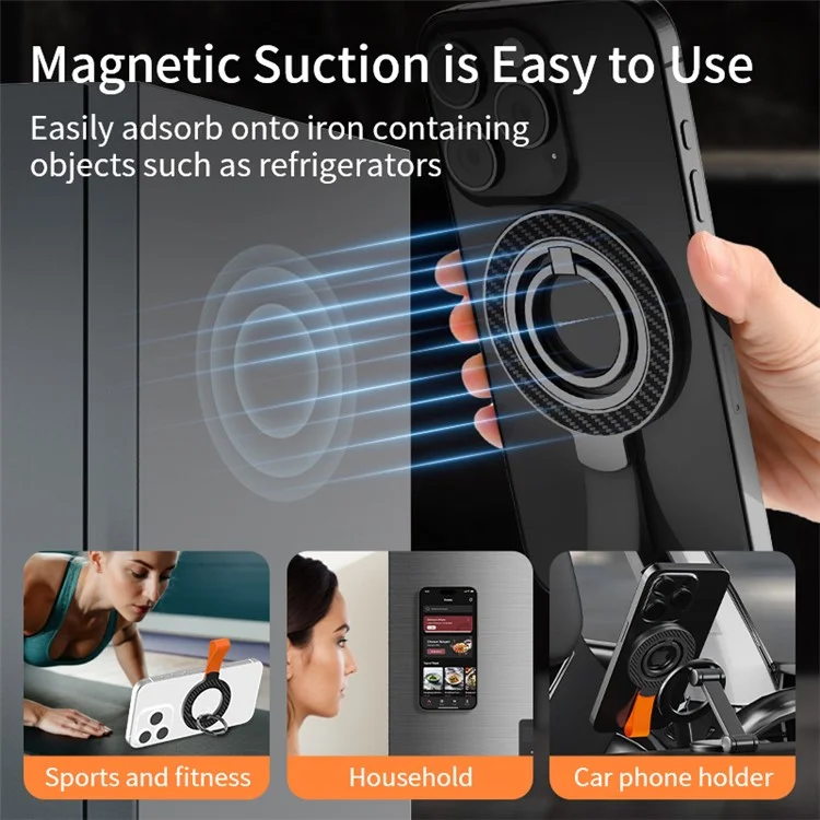 Magnetischer Handyring-Halter kompatibel mit MagSafe-Handyhalterung mit Fingergriff-Schlaufe und Ständer - Schwarz+Schwarz
