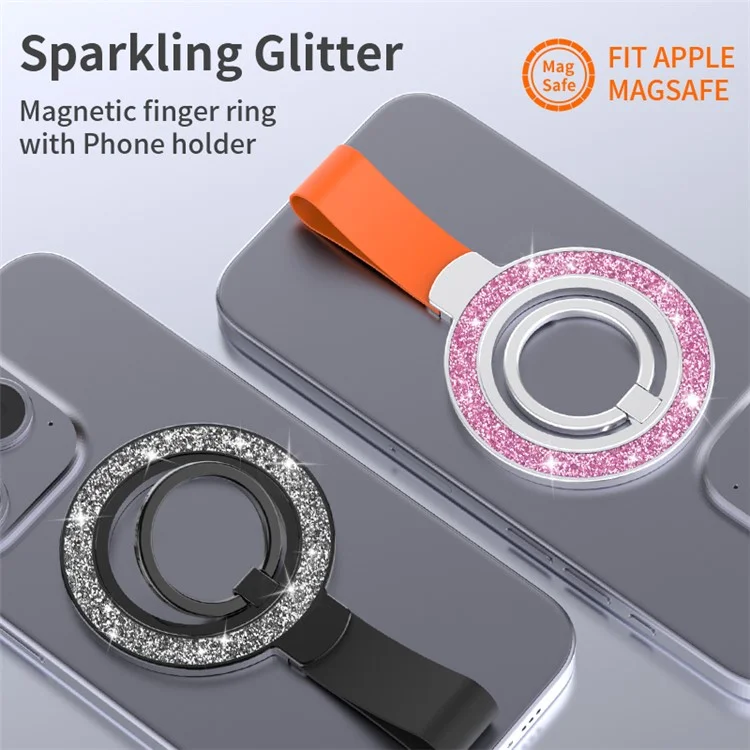 Magnetic Phone Ring Holder Glittery Finger Grip Phone Back Kickstand Compatible with MagSafe - Black Silver / Black