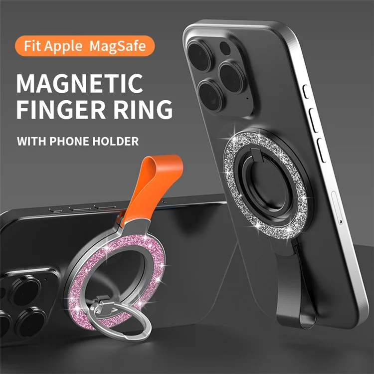 Magnetic Phone Ring Holder Glittery Finger Grip Phone Back Kickstand Compatible with MagSafe - Black Silver / Black