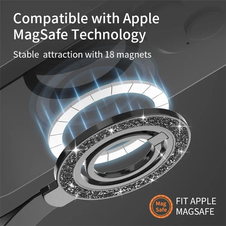 Magnetic Phone Ring Holder Glittery Finger Grip Phone Back Kickstand Compatible with MagSafe - Black Silver / Black