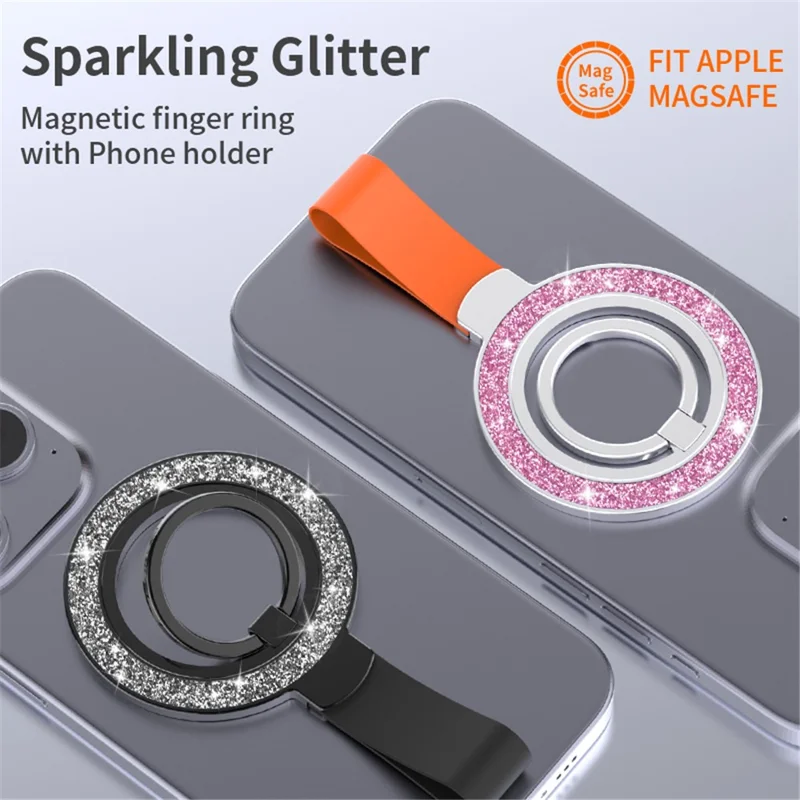 Magnetic Phone Ring Holder Glittery Finger Grip Phone Back Kickstand - Black / Black