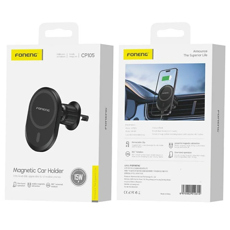 Foneng CP105 15W Charge Rapide Chargeur Magnétique Chargeur Sans Fil de Voiture Téléphone Support de Téléphone