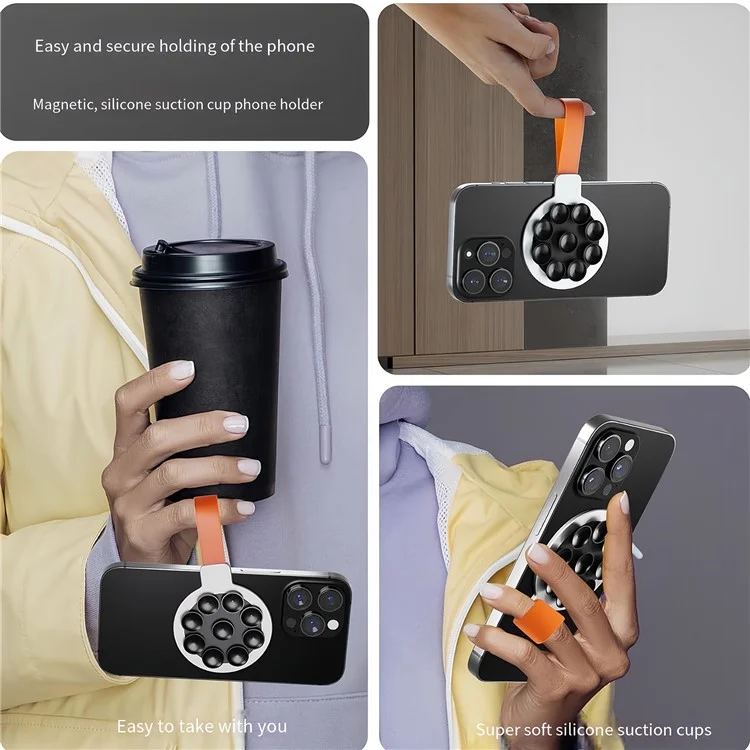 Soporte magnético para teléfono de doble cara con ventosa y correa para iPhone serie 12-16 - Plata / Naranja