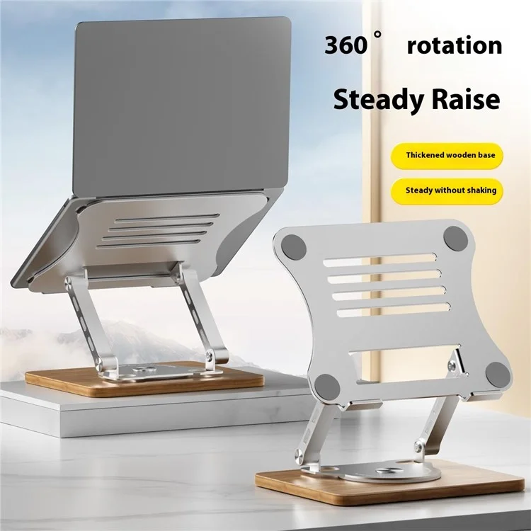 J31 Foldable Laptop Cooling Stand Metal + Wood Adjustable 360-Degree Rotating Notebook Bracket - Grey