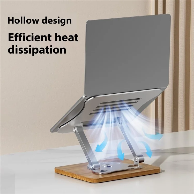 J31 Foldable Laptop Cooling Stand Metal + Wood Adjustable 360-Degree Rotating Notebook Bracket - Grey
