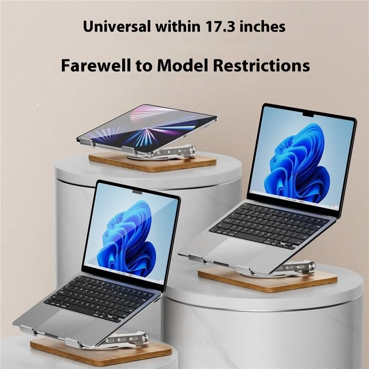 J31 Foldable Laptop Cooling Stand Metal + Wood Adjustable 360-Degree Rotating Notebook Bracket - Grey