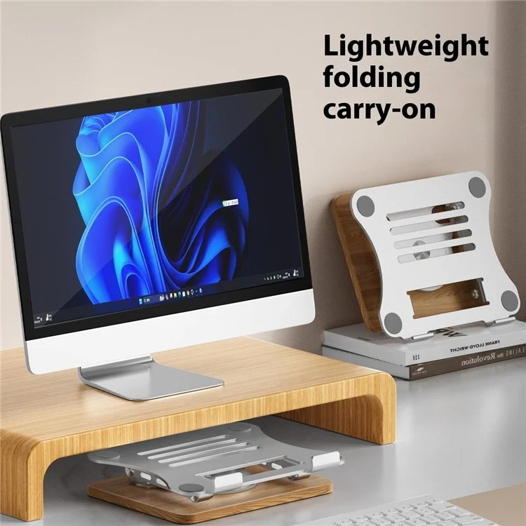 J31 Foldable Laptop Cooling Stand Metal + Wood Adjustable 360-Degree Rotating Notebook Bracket - Grey