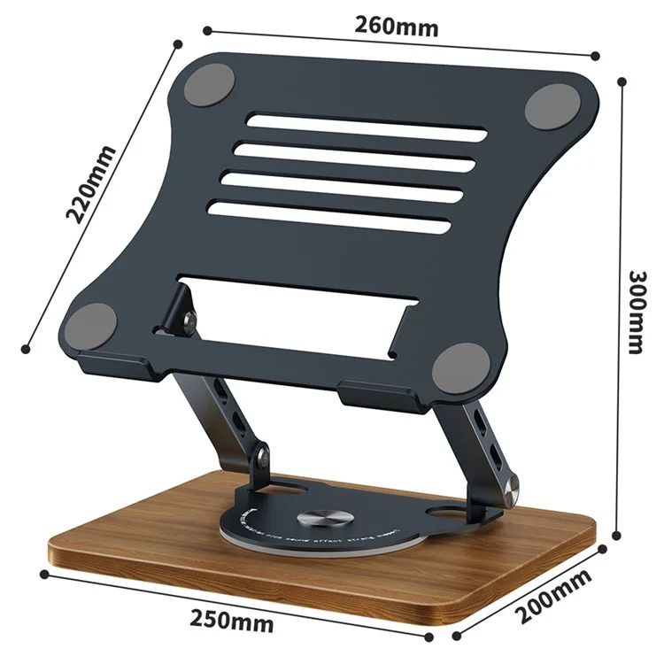 J31 Foldable Laptop Cooling Stand Metal + Wood Adjustable 360-Degree Rotating Notebook Bracket - Grey