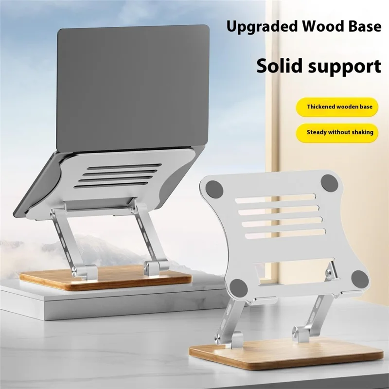J32 einstellbarer Laptop-Ständer, faltbare Holzbasis, Metallkühlung, Riser-Schreibtischhalterung - Silber