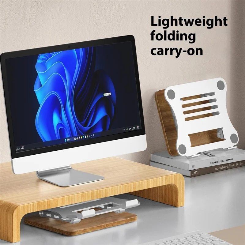 J32 einstellbarer Laptop-Ständer, faltbare Holzbasis, Metallkühlung, Riser-Schreibtischhalterung - Silber