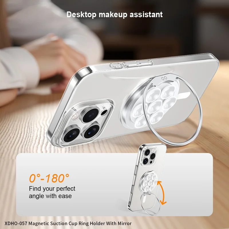 XUNDD XDHO-057 Magnetic Suction Cup Phone Mount Rotating Stand Holder with Makeup Mirror - White