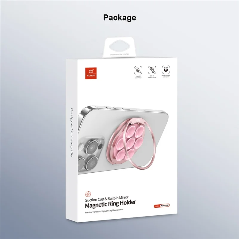 XUNDD XDHO-057 Magnetic Suction Cup Phone Mount Rotating Stand Holder with Makeup Mirror - Pink