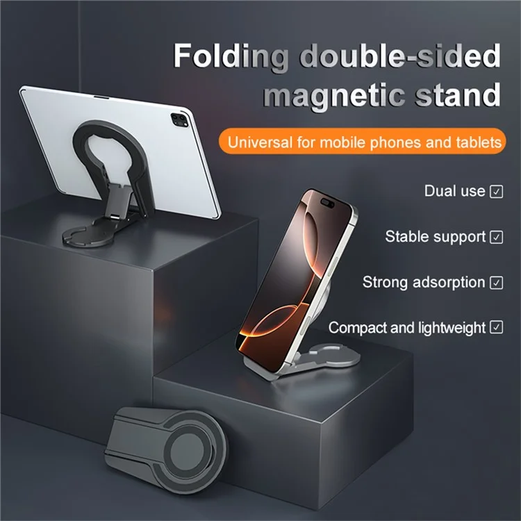 Dual-Side Magnetic Foldable Stand For Phones Tablets Compact Adjustable Viewing Angles Desktop Holder - Silver
