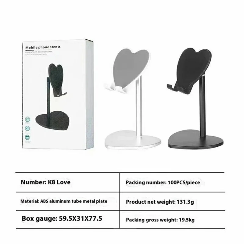 K8 Aluminum Alloy Heart-Shaped Phone Stand Adjustable Angle Foldable Holder for Smartphones / Tablets - White