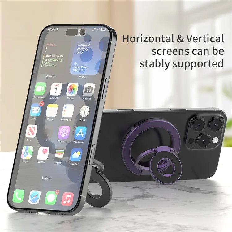 Compatible avec MagSafe - Support magnétique pliable avec anneau métallique et angle ajustable pour téléphone - Noir