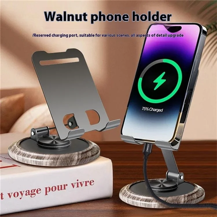 360° Rotating Foldable Phone Stand Desk Holder Wood Grain Base Universal Smartphone Support