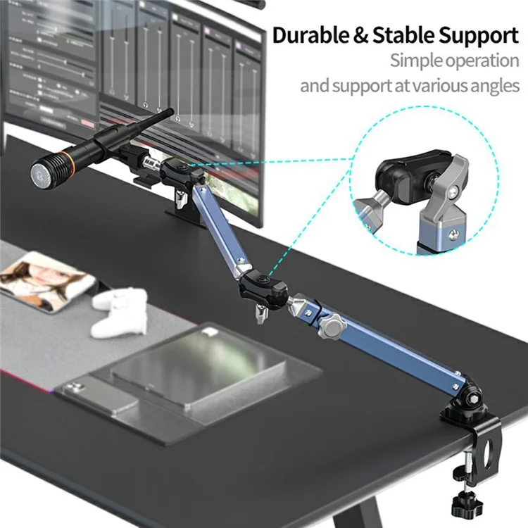 LANPARTE B-DMS-01 Clip On Heavy Duty Microphone Holder Three Sections Adjustable Boom Arm Stand - Blue