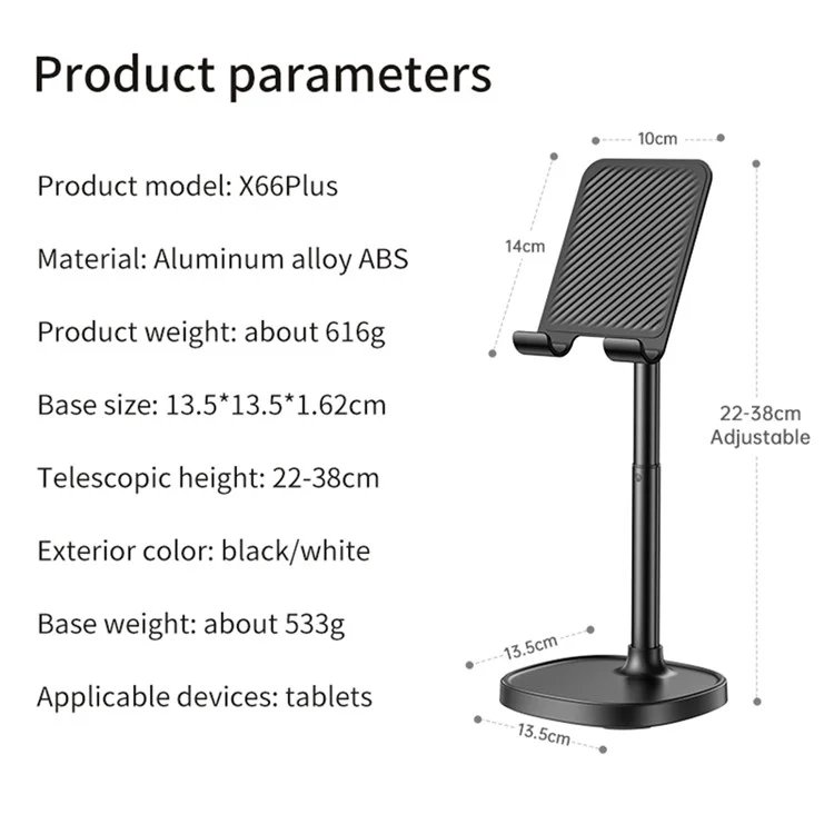 JOPREE X66plus Support de tablette de bureau réglable en hauteur ABS + Support de téléphone en alliage d'aluminium - Noir