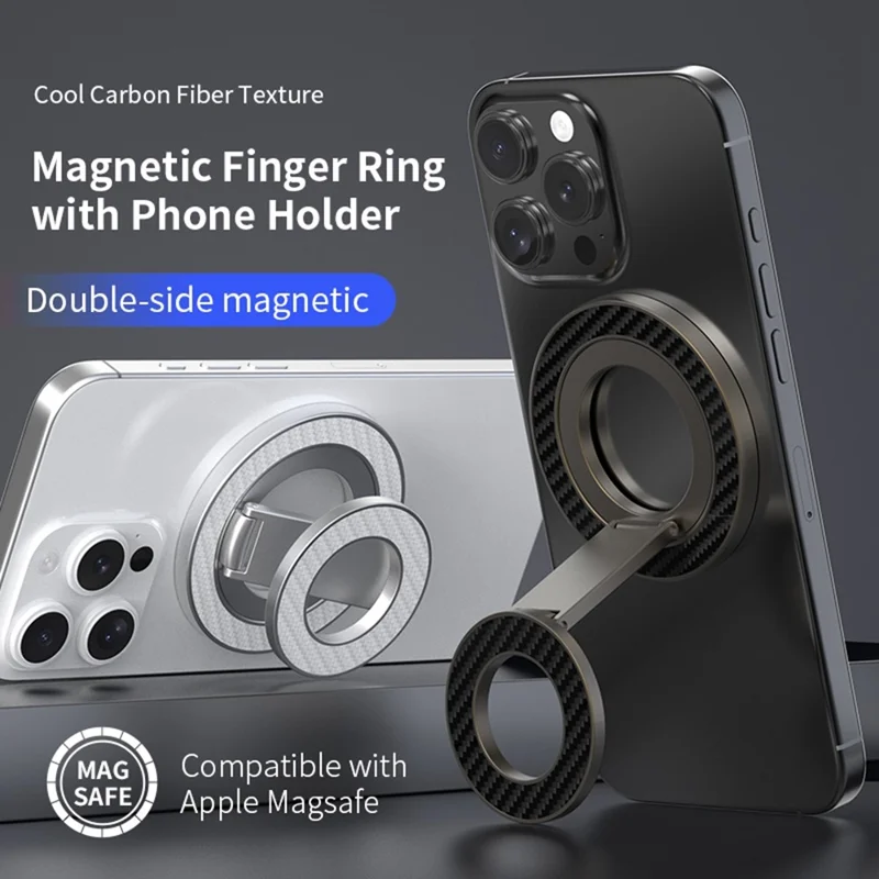 Compatible avec MagSafe Support pliable en métal Texture en fibre de carbone Support magnétique double face - Noir
