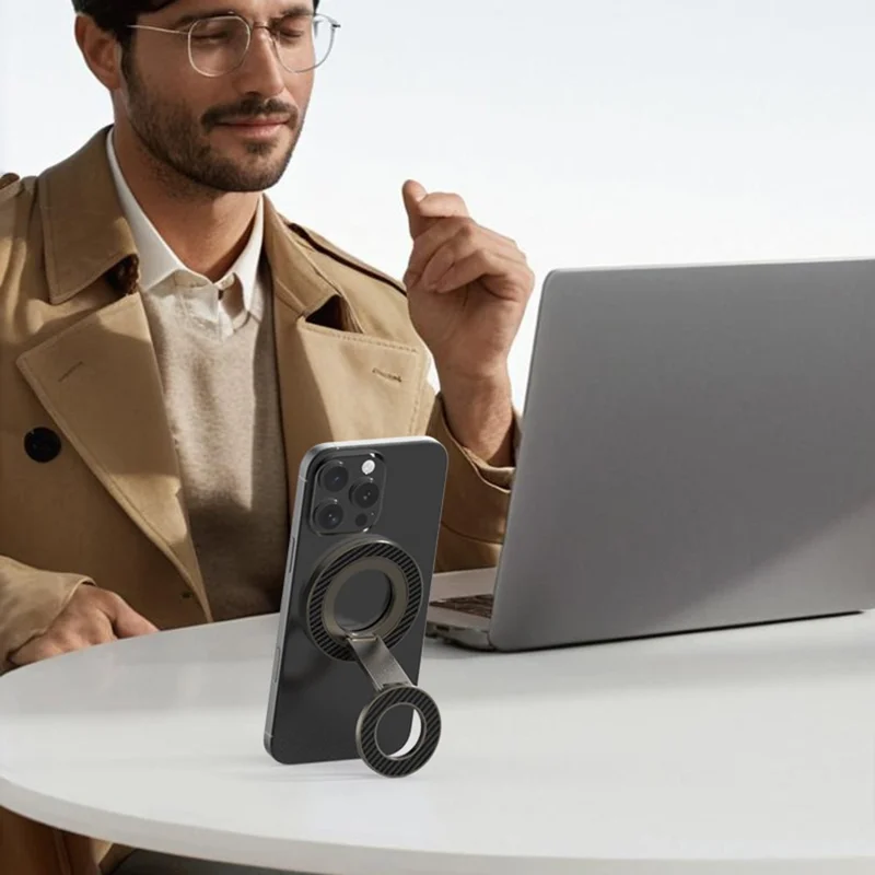 Compatible avec MagSafe Support pliable en métal Texture en fibre de carbone Support magnétique double face - Noir