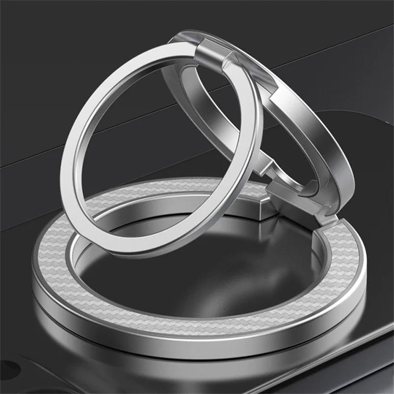 Dual Axis Carbon Fiber Textured Foldable Metal Magnetic Phone Back Ring Stand Multi Angle Viewing Kickstand - Silver