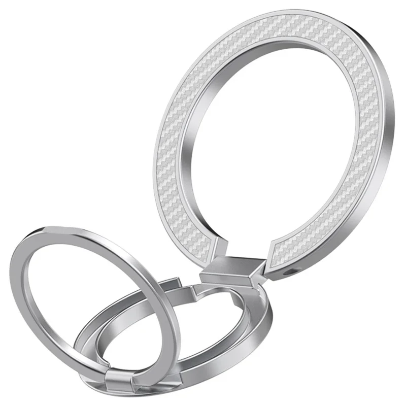 Dual Axis Carbon Fiber Textured Foldable Metal Magnetic Phone Back Ring Stand Multi Angle Viewing Kickstand - Silver