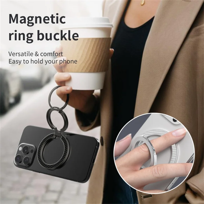 Dual Axis Carbon Fiber Textured Foldable Metal Magnetic Phone Back Ring Stand Multi Angle Viewing Kickstand - Silver