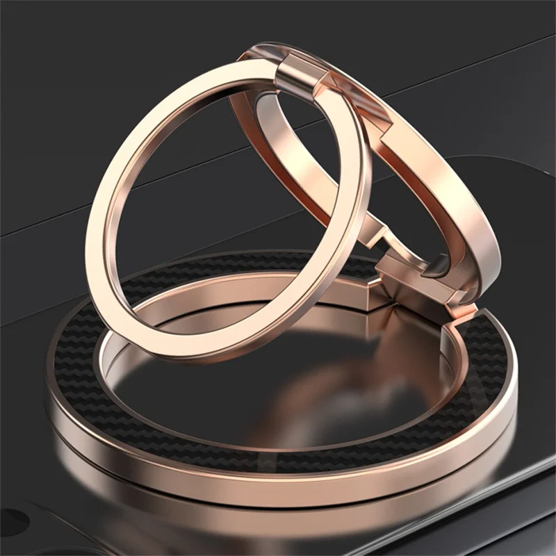 Dual Axis Carbon Fiber Textured Foldable Metal Magnetic Phone Back Ring Stand Multi Angle Viewing Kickstand - Rose Gold
