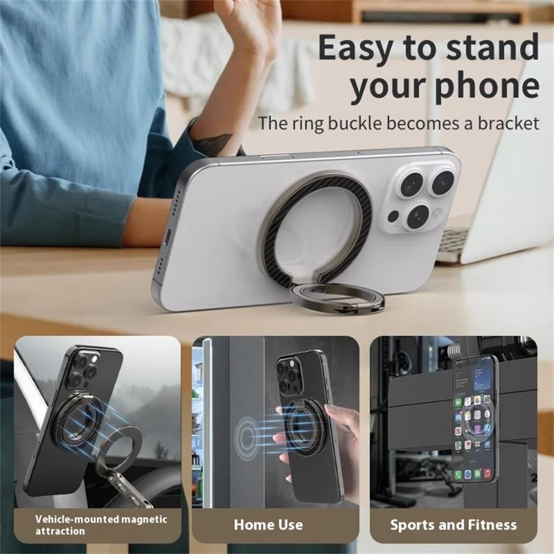 Dual Axis Carbon Fiber Textured Foldable Metal Magnetic Phone Back Ring Stand Multi Angle Viewing Kickstand - Rose Gold
