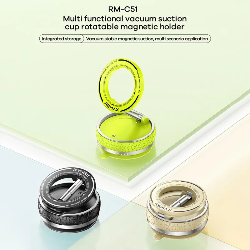 REMAX RM-C51 Multi-Function Vacuum Suction Cup Rotating Magnetic Phone Holder for Car Home Office Travel - Green