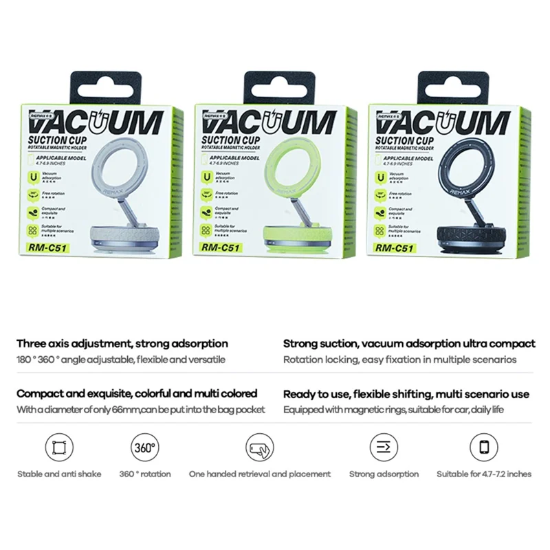 REMAX RM-C51 Multi-Function Vacuum Suction Cup Rotating Magnetic Phone Holder for Car Home Office Travel - Black
