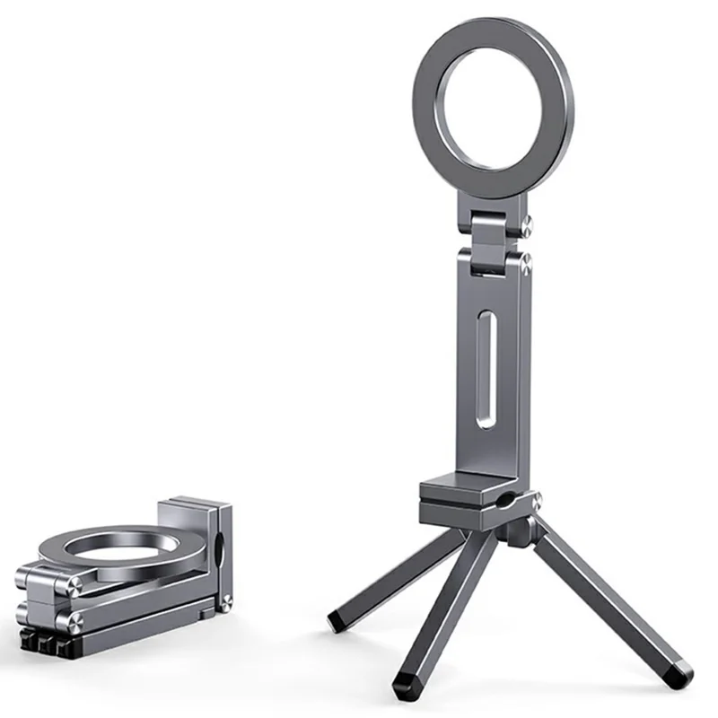 E01S Foldable Magnetic Phone Holder 360 Degree Rotation Clip On Travel Desktop Stand with Tripod - Grey