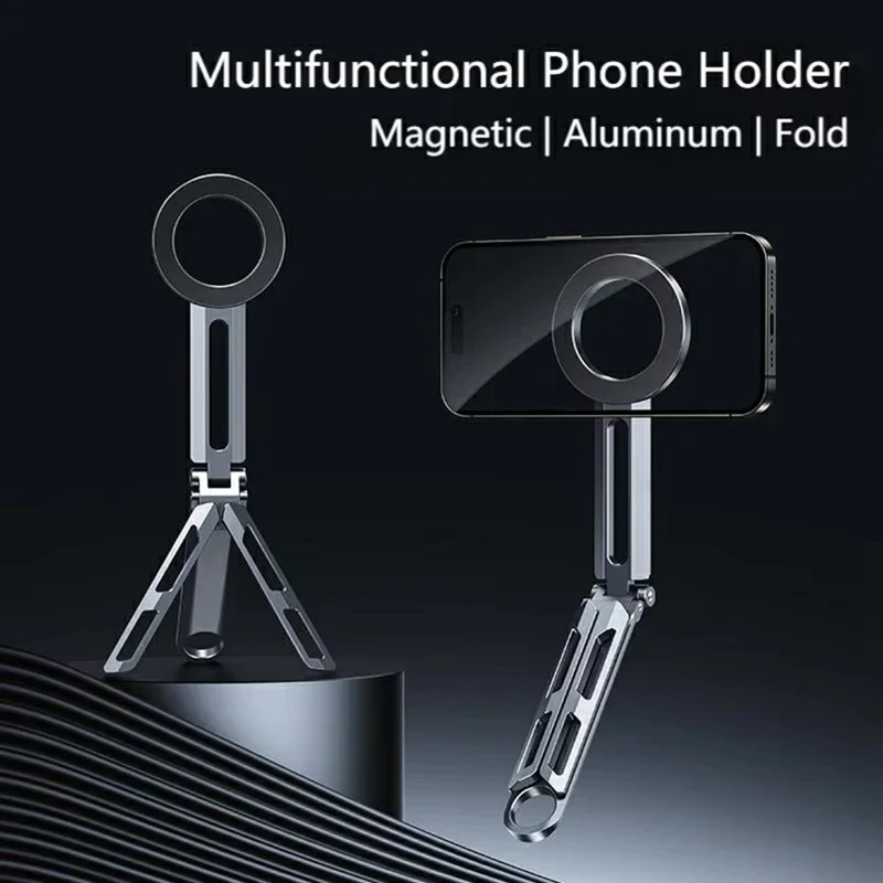 E01S Foldable Magnetic Phone Holder 360 Degree Rotation Clip On Travel Desktop Stand with Tripod - Grey