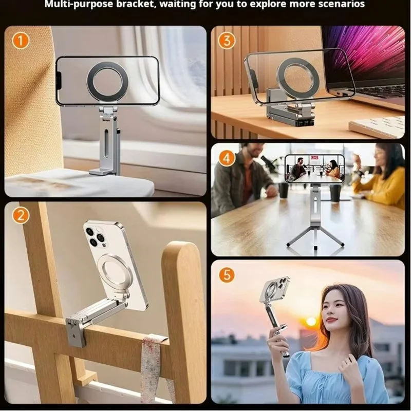 E01S Foldable Magnetic Phone Holder 360 Degree Rotation Clip On Travel Desktop Stand with Tripod - Grey