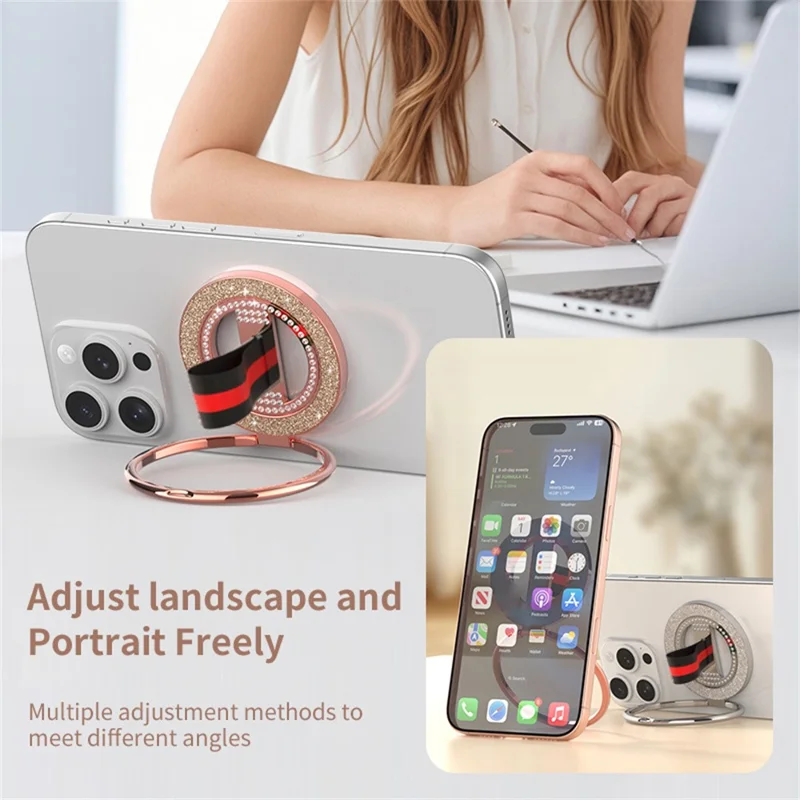 Compatible with MagSafe Phone Ring Kickstand 360 Degree Rotation Glitter Rhinestones Magnetic Holder - Red  /  Blue Red