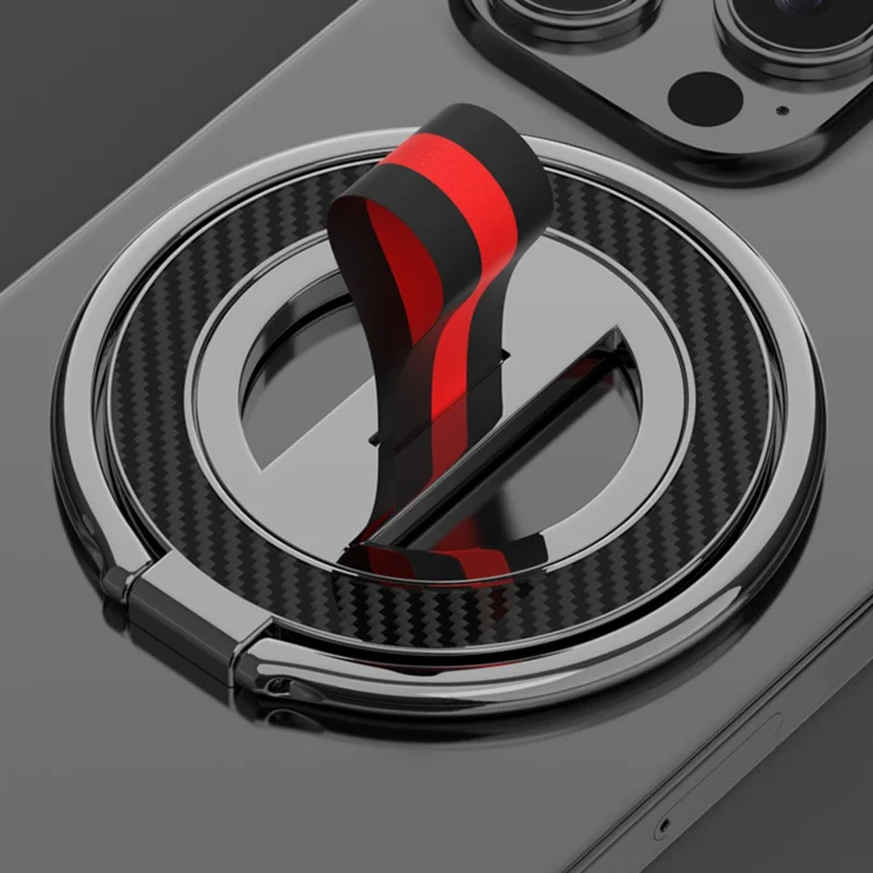 Compatible with MagSafe Carbon Fiber Texture Ring Kickstand 360 Degree Rotation Magnetic Phone Holder - Black  /  Black Red
