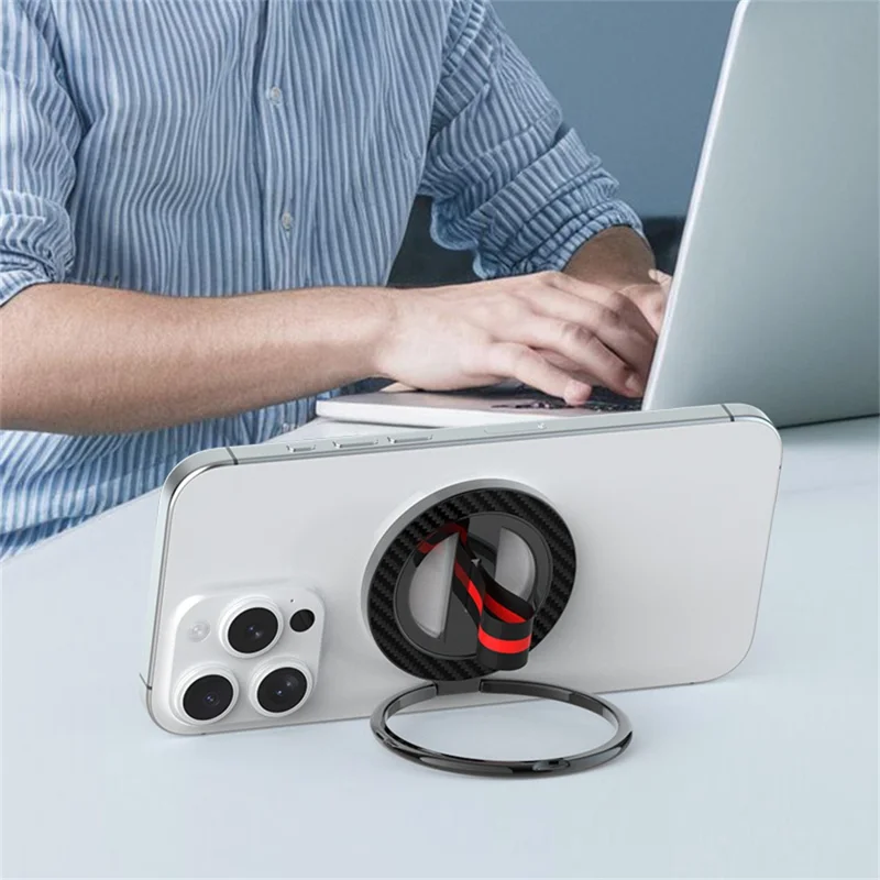 Compatible with MagSafe Carbon Fiber Texture Ring Kickstand 360 Degree Rotation Magnetic Phone Holder - Black  /  Black Red