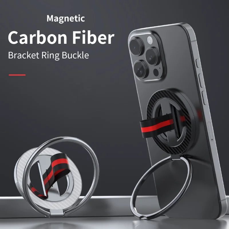 Compatible with MagSafe Carbon Fiber Texture Ring Kickstand 360 Degree Rotation Magnetic Phone Holder - Black  /  Black Red