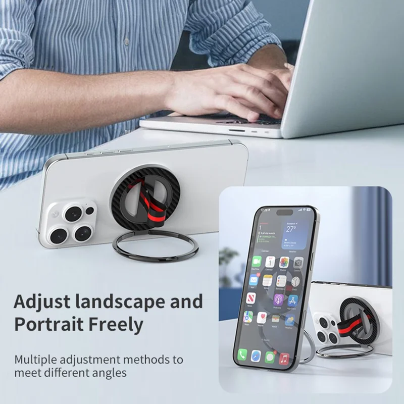 Compatible with MagSafe Carbon Fiber Texture Ring Kickstand 360 Degree Rotation Magnetic Phone Holder - Black  /  Black Red