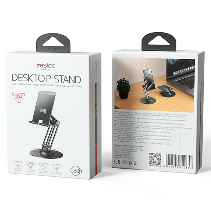 YESIDO C300 Aluminum Alloy 360 Degree Rotating Desktop Stand for Phones Tablets Bracket