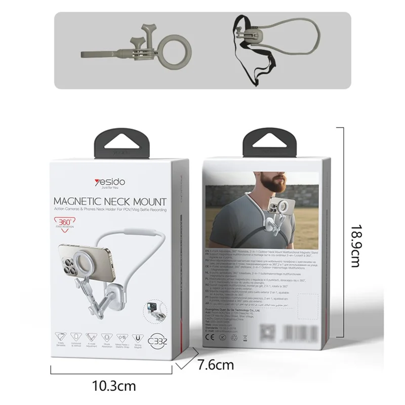 YESIDO C332 Neckband Bracket Anti Shake Foldable Magnetic Stand for Smartphone Action Camera