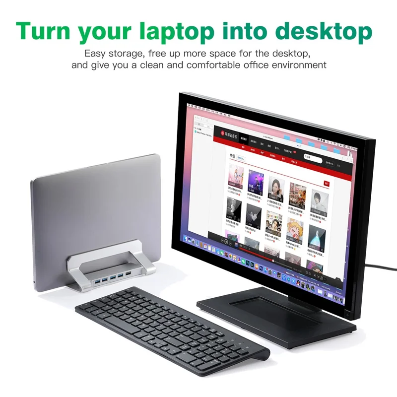D051-3 Vertical Laptop Stand USB Hub Space Saving Notebook Holder Desktop Bracket with 4 USB Ports