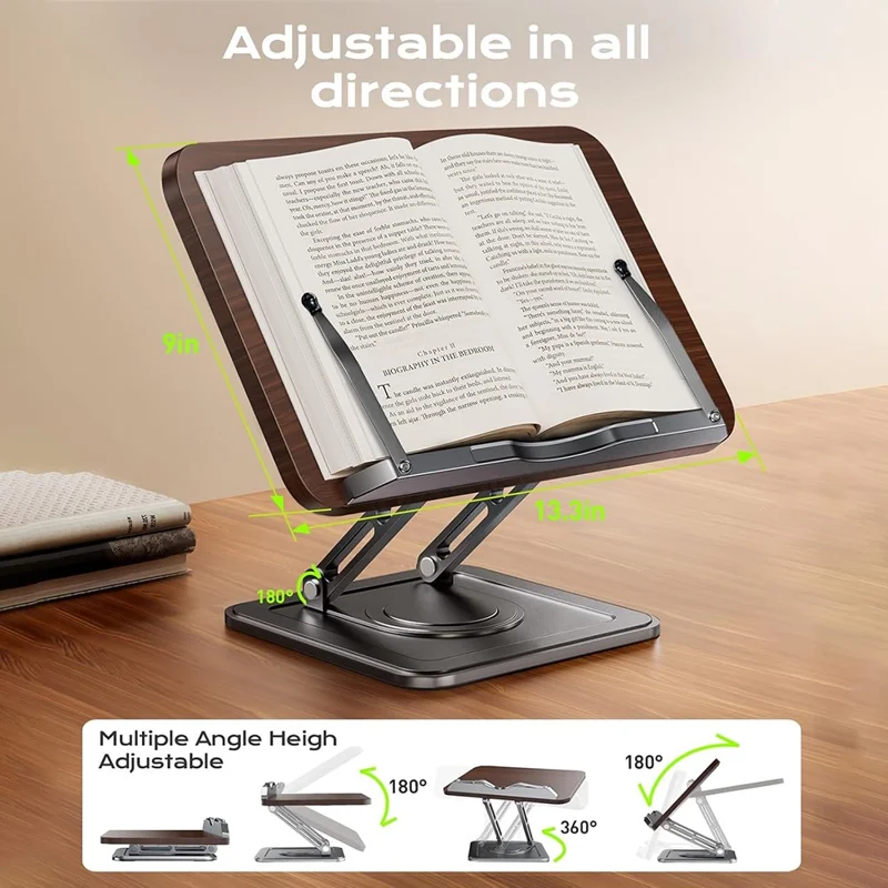 حامل قراءة متعدد الوظائف RS-01 دوار للأطفال، دعم خشبي للوحي والكمبيوتر المحمول، حامل كتب مكتبي