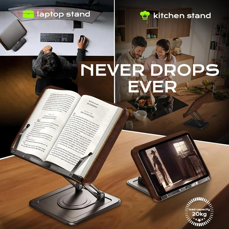 حامل قراءة متعدد الوظائف RS-01 دوار للأطفال، دعم خشبي للوحي والكمبيوتر المحمول، حامل كتب مكتبي