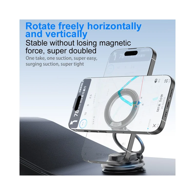 الحامل المطوي M11 لهاتف السيارة بلوحة مغناطيسية وشفاط لوضعه على لوحة القيادة، حامل بمصباح شفط لاستخدام الملاحة - أسود